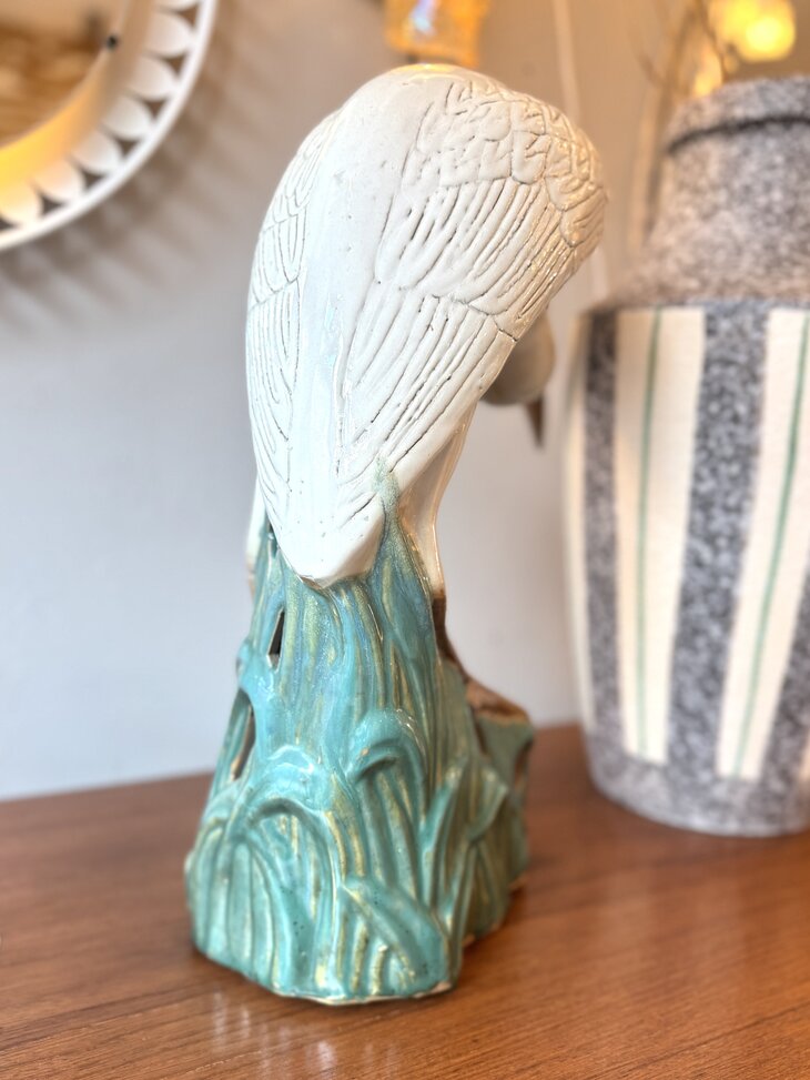 Vintage reiger beeld wit met groen keramiek | Sprinkelhop