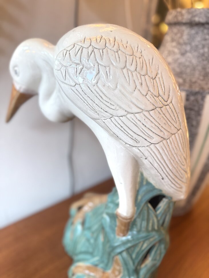 Vintage reiger beeld wit met groen keramiek | Sprinkelhop
