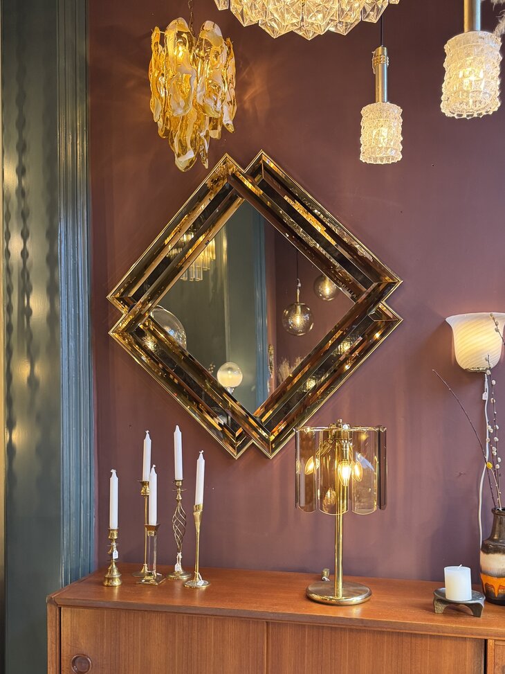 Vintage vierkante rosegouden spiegel facet geslepen