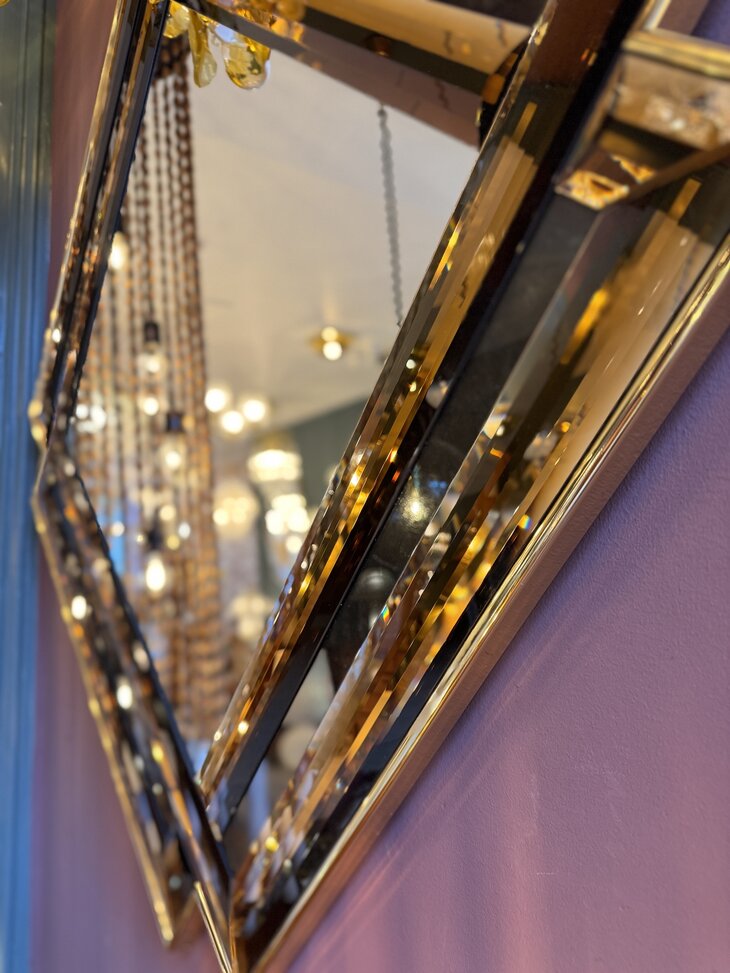 Vintage vierkante rosegouden spiegel facet geslepen