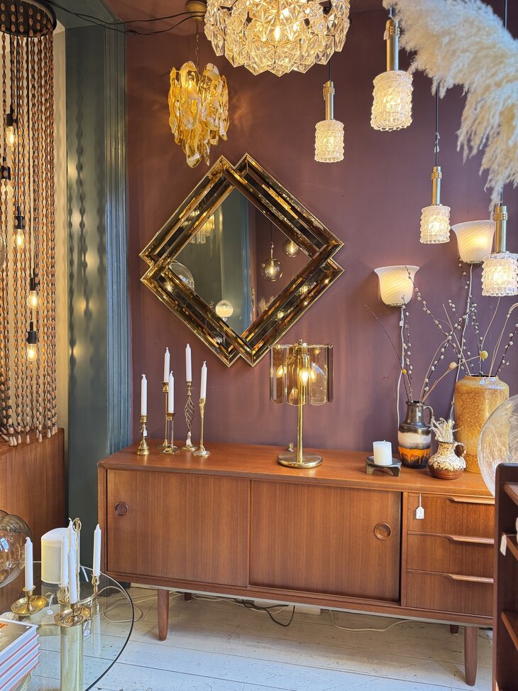 Vintage vierkante rosegouden spiegel facet geslepen