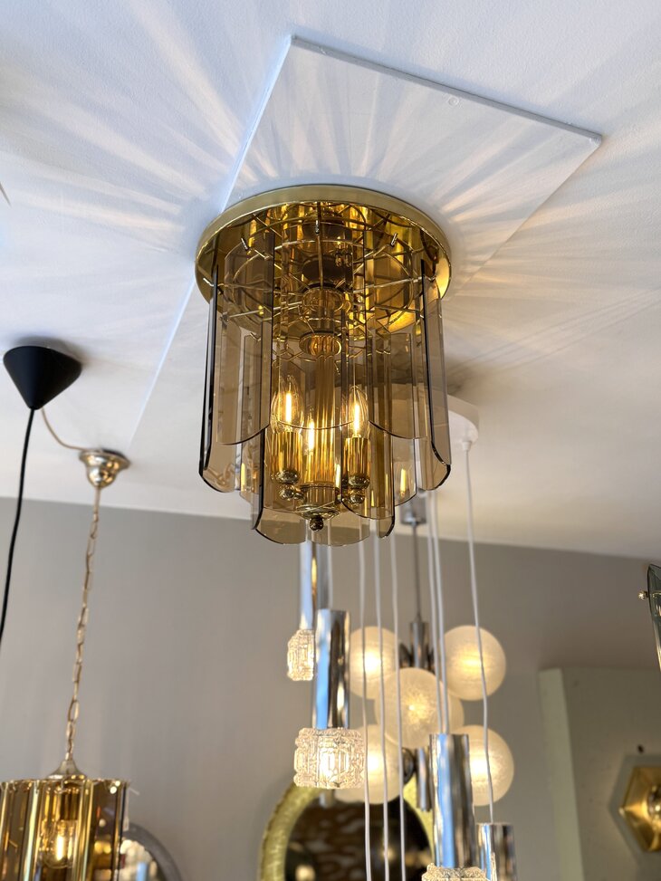 Vintage messing plafondlamp met rookglazen platen | Sprinkelhop