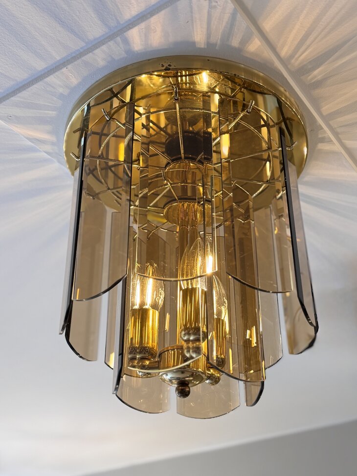 Vintage messing plafondlamp met rookglazen platen | Sprinkelhop