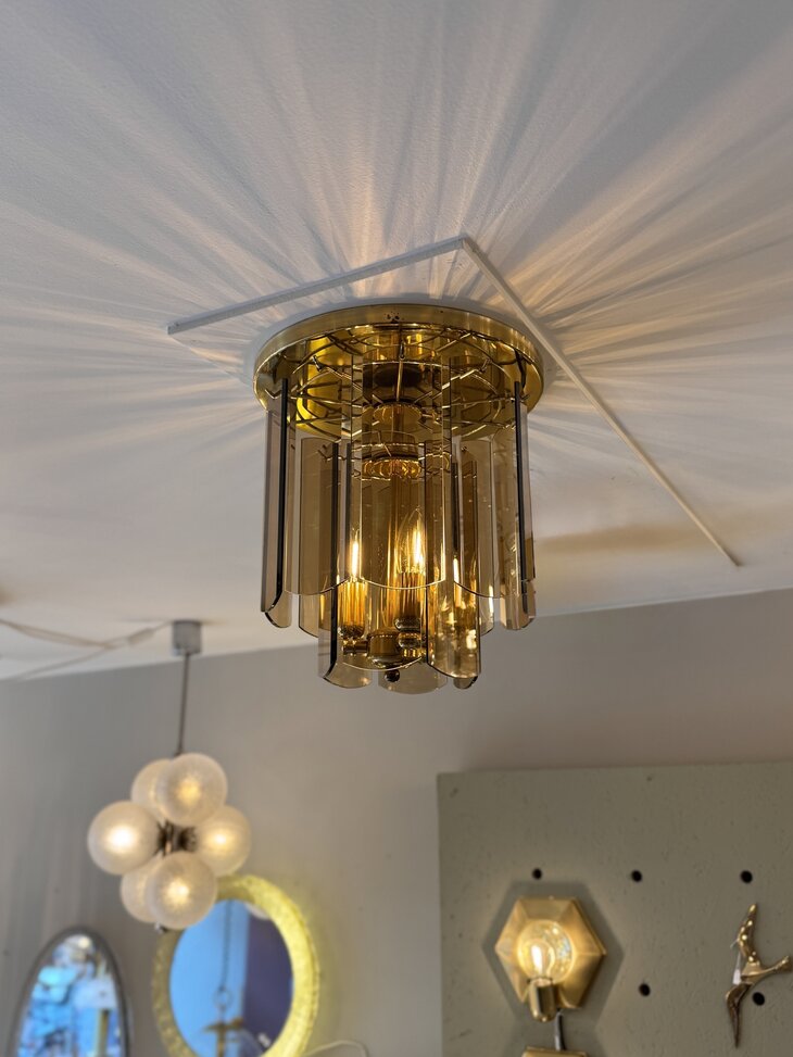 Vintage messing plafondlamp met rookglazen platen | Sprinkelhop