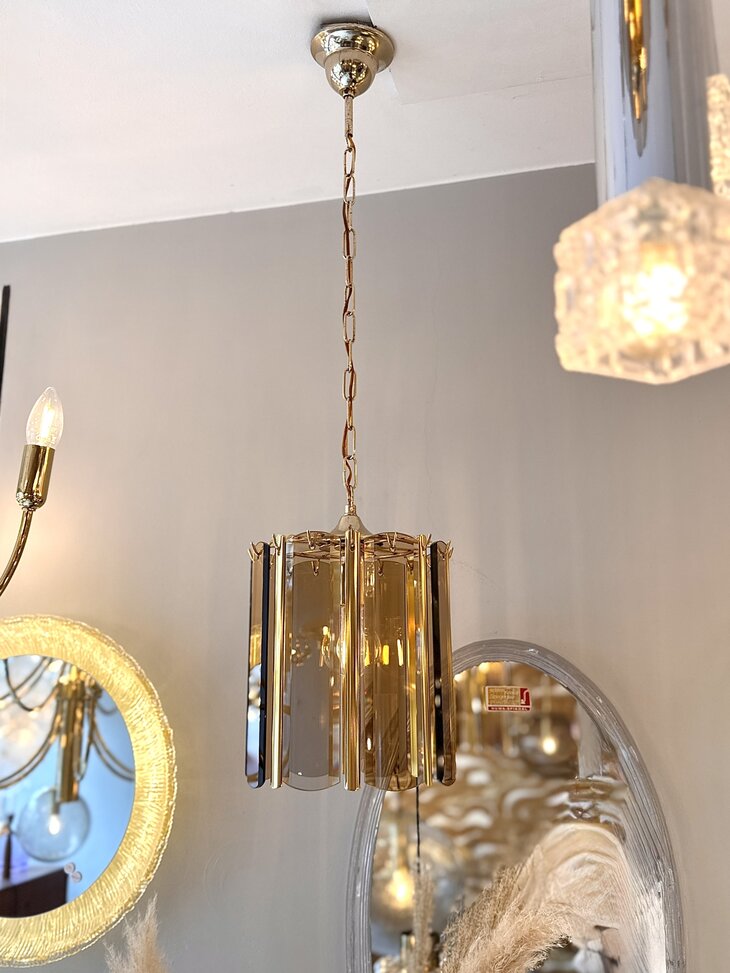 Vintage messing rookglazen platen hanglamp met goudkleurige hangers | Sprinkelhop