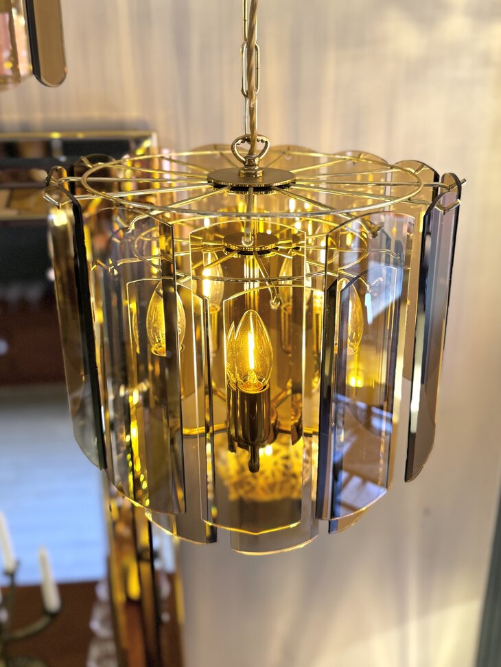 Vintage S&ouml;lken Leuchten messing hanglamp met rookglazen platen| Sprinkelhop