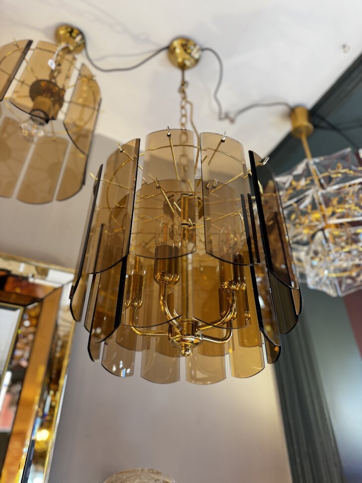 Vintage S&ouml;lken Leuchten messing hanglamp met rookglazen platen| Sprinkelhop