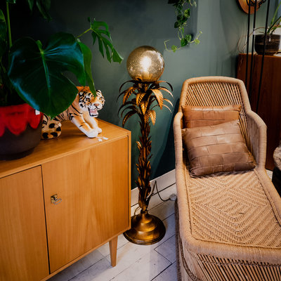 Hans Kögl vintage goud vergulde palm vloerlamp rookglas