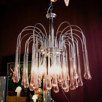Vintage Murano glazen teardrop kroonluchter hanglamp chroom roze