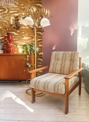 Vintage teak houten fauteuil gestreepte stof