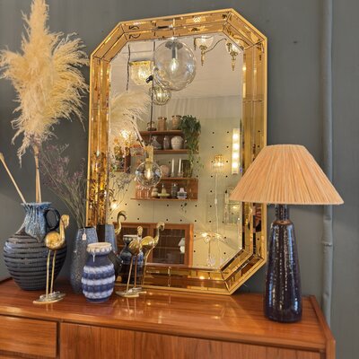 Vintage octagon messing spiegel met dubbele bronskleurige rand