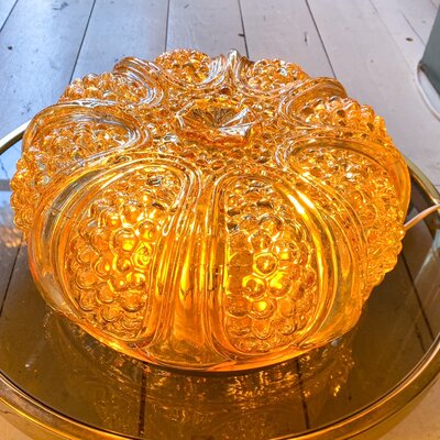 Vintage glazen plafondlamp ribbels en bubbles geel