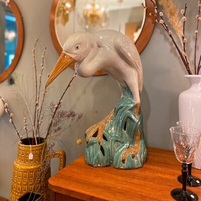 Vintage reiger beeld wit en groen keramiek