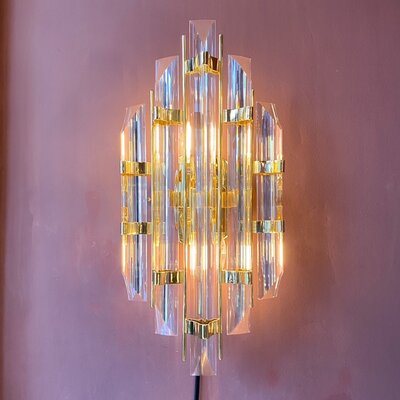 Vintage Italiaanse wandlamp messing met glazen driehoekige pegels