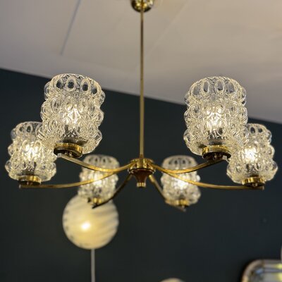 Vintage messing kroonluchter met glazen bubbel kapjes
